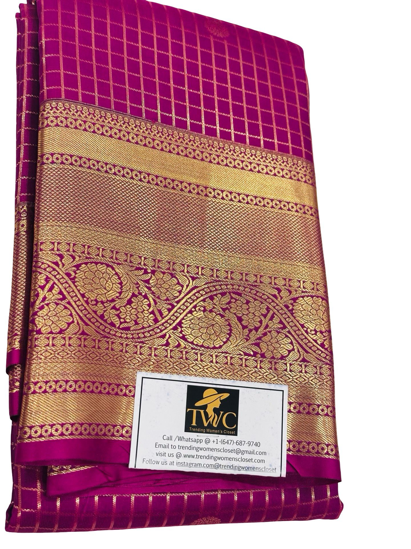 Kanchipuram Semi Silk Saree Magenta Pink Gold Zari Checks Saree Traditional Indian Wedding Party Wear Unstitched Blouse Gift - Image 1