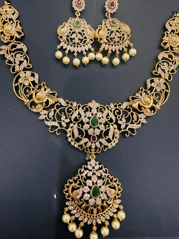 Gold Plated Short Necklace Set with Earrings, Peacock Design CZ Necklace, Pearl Drop Indian Bridal Jewelry Set - Image 2