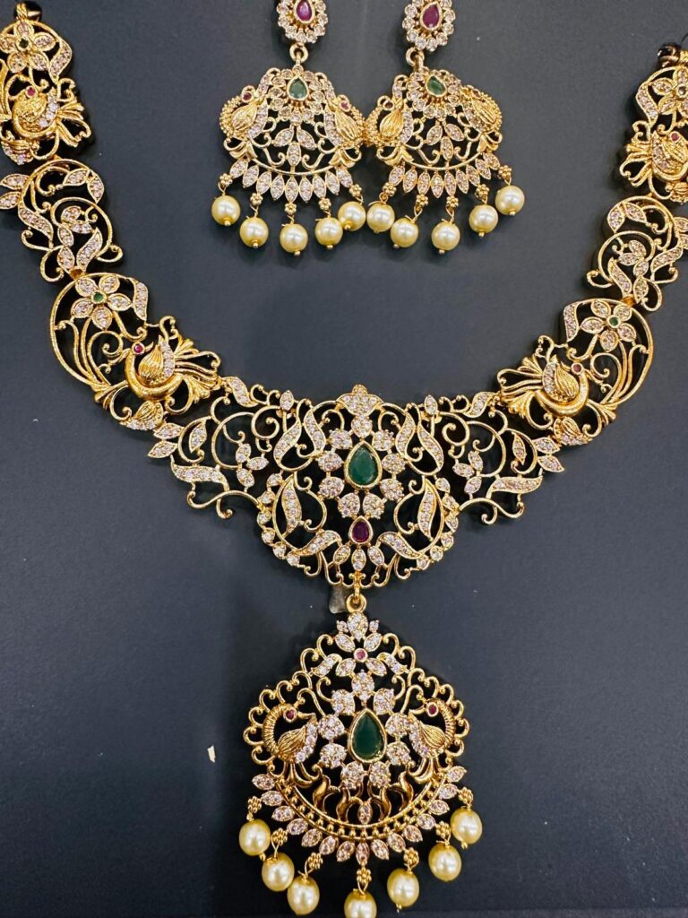 Gold Plated Short Necklace Set with Earrings, Peacock Design CZ Necklace, Pearl Drop Indian Bridal Jewelry Set