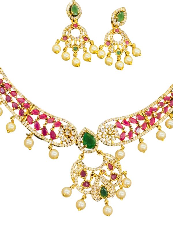 Gold Plated Ruby Emerald Short Necklace Set with Earrings, Indian Imitation Jewellery, Pearl Bridal Choker Jewelry - Image 3
