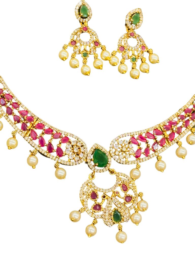 Gold Plated Ruby Emerald Short Necklace Set with Earrings, Indian Imitation Jewellery, Pearl Bridal Choker Jewelry