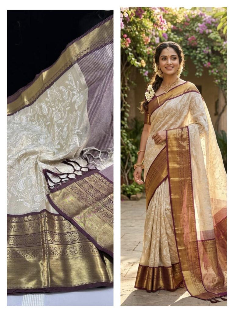 Cream Tissue Silk Saree Gold Zari Border Traditional Indian Wedding Saree South Indian Festive Party Wear Saree