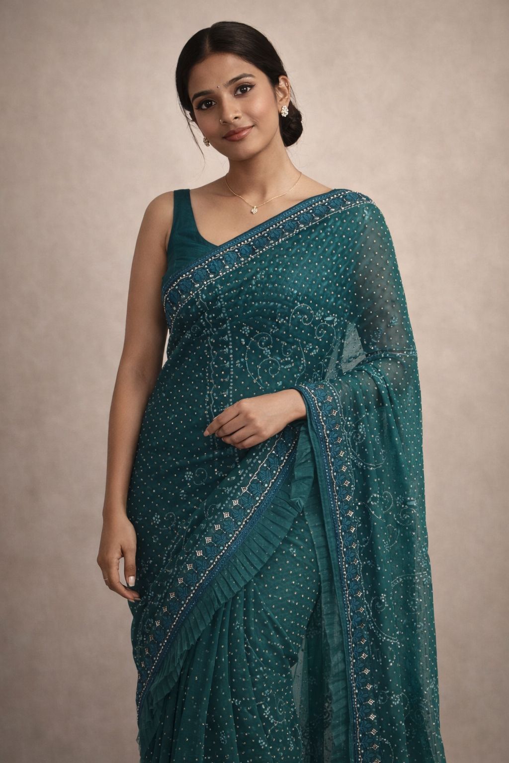 Peacock Blue Net Saree with Embroidered Unstitched Blouse, Designer Party Wear Saree, Wedding Guest Saree - Image 1