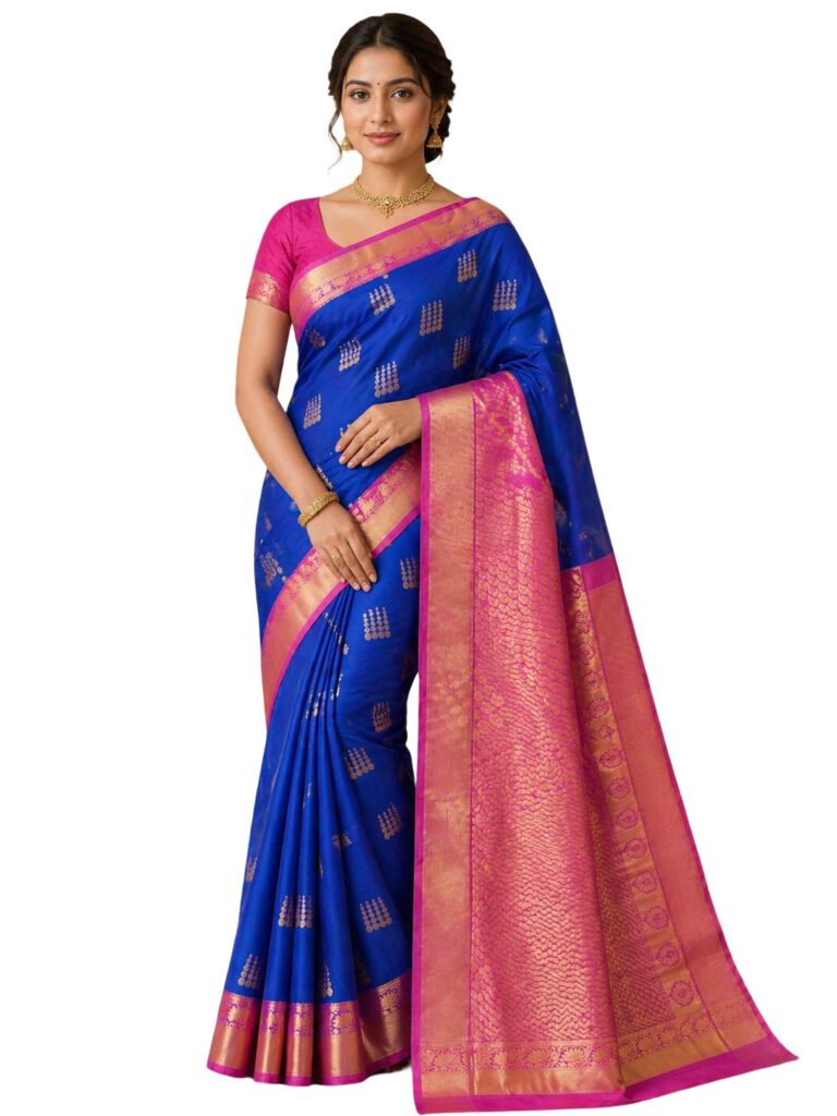 Pure Silk Kanjivaram Handloom Saree Silk Mark Certified Royal Blue Pink Zari Butta Bridal Wedding Traditional South Indian Saree