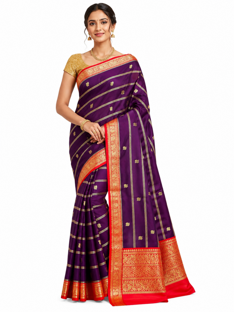 Kanchipuram Semi Silk Saree Purple Red Gold Zari Traditional Indian Saree Wedding Saree Party Wear Unstitched Blouse