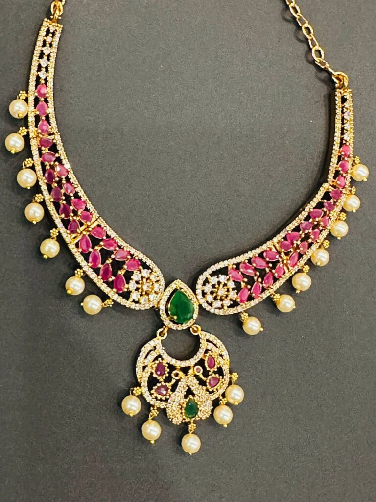 Gold Plated Ruby Emerald Short Necklace Set with Earrings, Indian Imitation Jewellery, Pearl Bridal Choker Jewelry