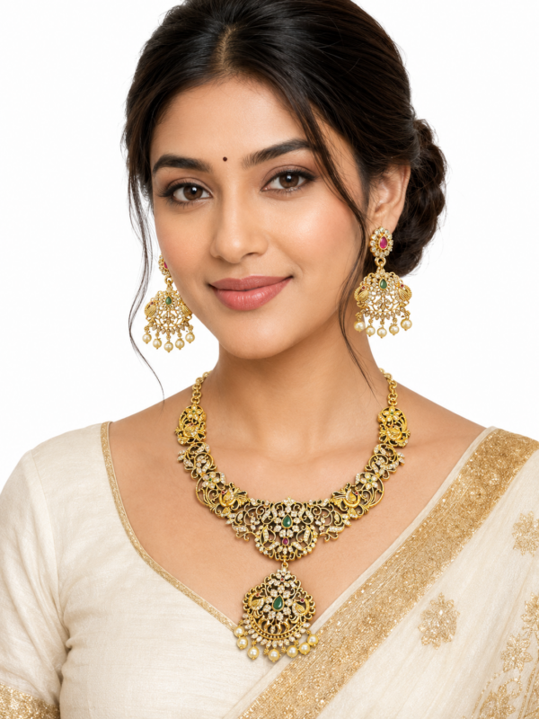 Gold Plated Short Necklace Set with Earrings, Peacock Design CZ Necklace, Pearl Drop Indian Bridal Jewelry Set - Image 1