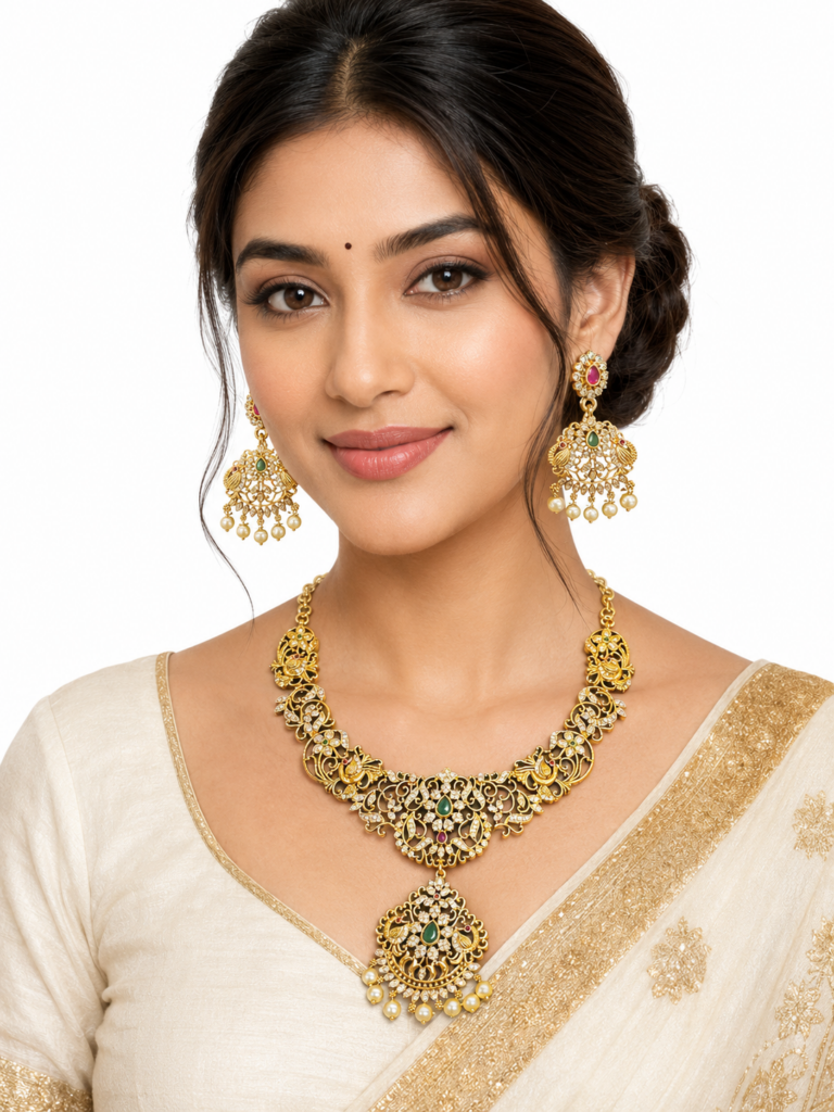 Gold Plated Short Necklace Set with Earrings, Peacock Design CZ Necklace, Pearl Drop Indian Bridal Jewelry Set