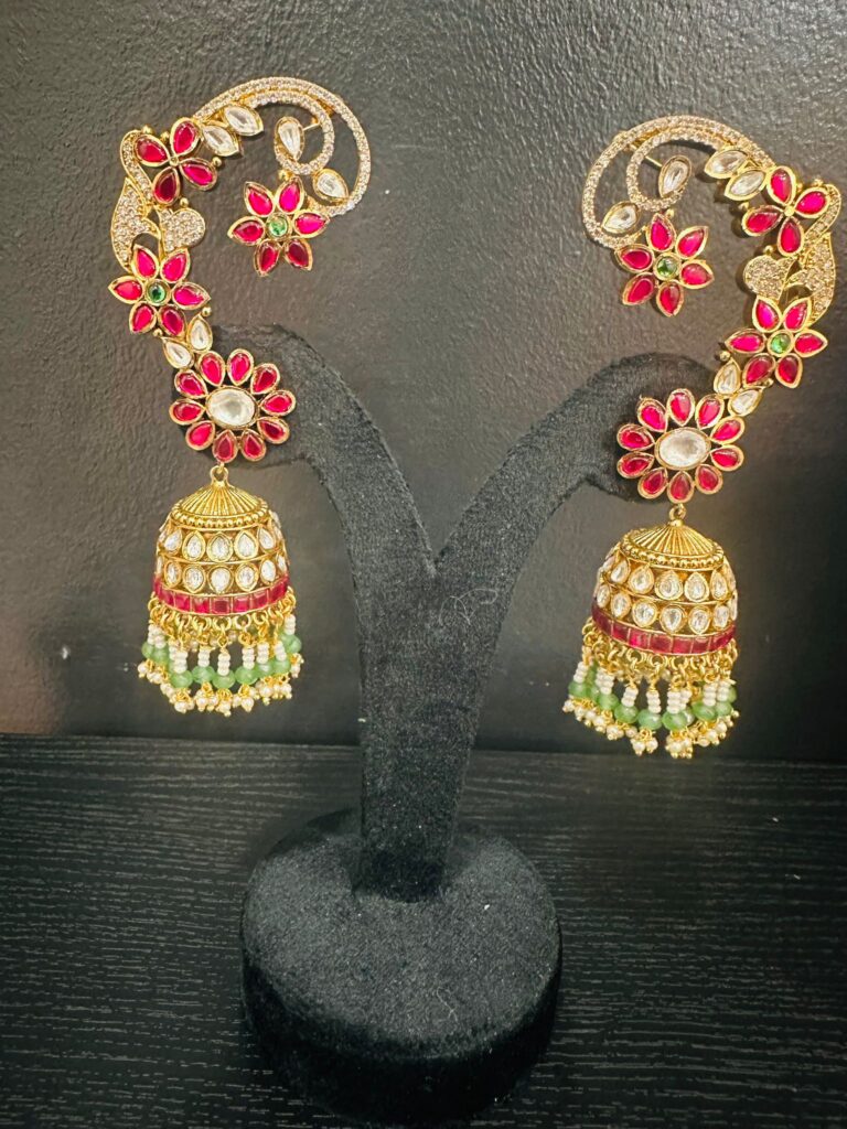 Oversized Jadau Kundan Earrings Indian Bridal Jhumka Gold Tone Ruby Green Stone Statement Earrings Wedding Jewelry