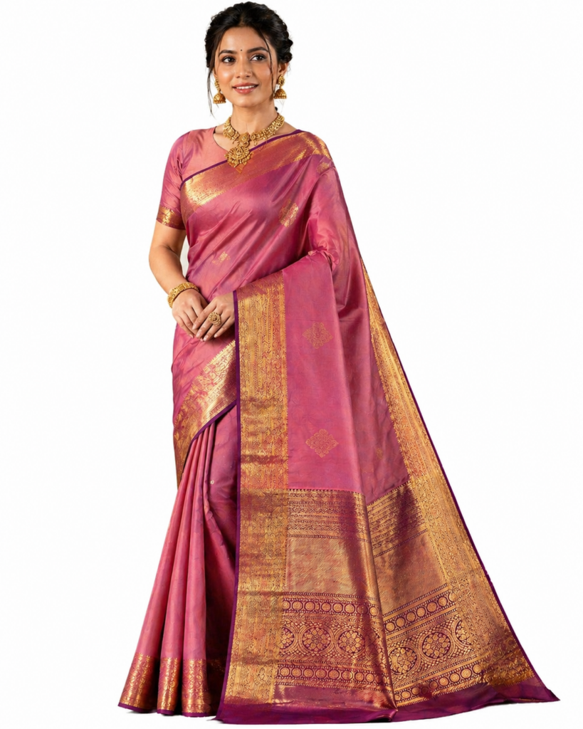 Pure Silk Kanjivaram Saree Onion Pink Silk Mark Certified Handloom Bridal Saree Gold Zari Border Rich Pallu Traditional Wear