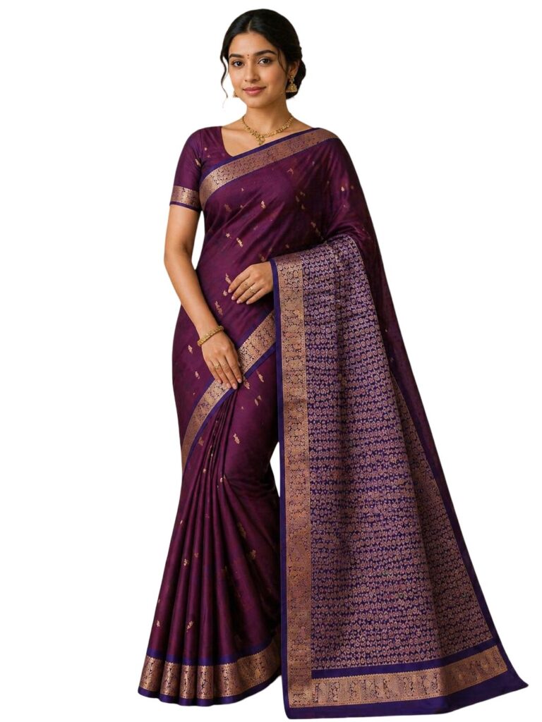 Pure Silkmark Kanjivaram Saree Handloom Silk Saree Purple Wine Bridal Saree Zari Border Traditional South Indian Wedding Saree