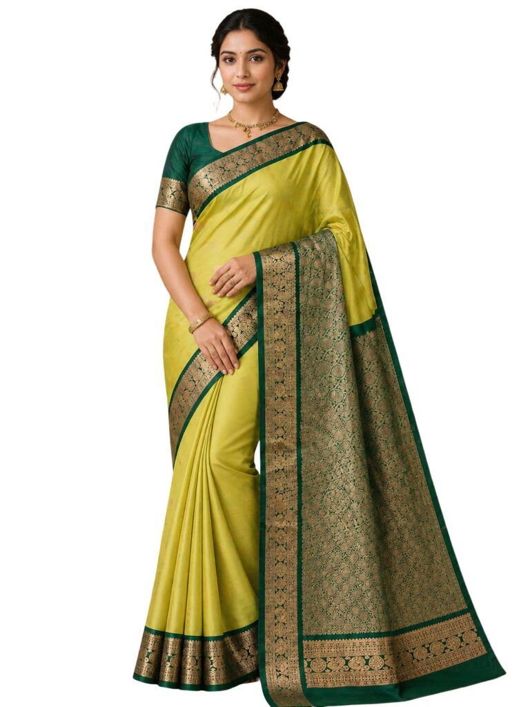 Silk Mark Certified Kanjivaram Silk Saree Lime Yellow Green Handloom Pure Silk Bridal Saree Gold Zari Border Traditional Wedding Wear