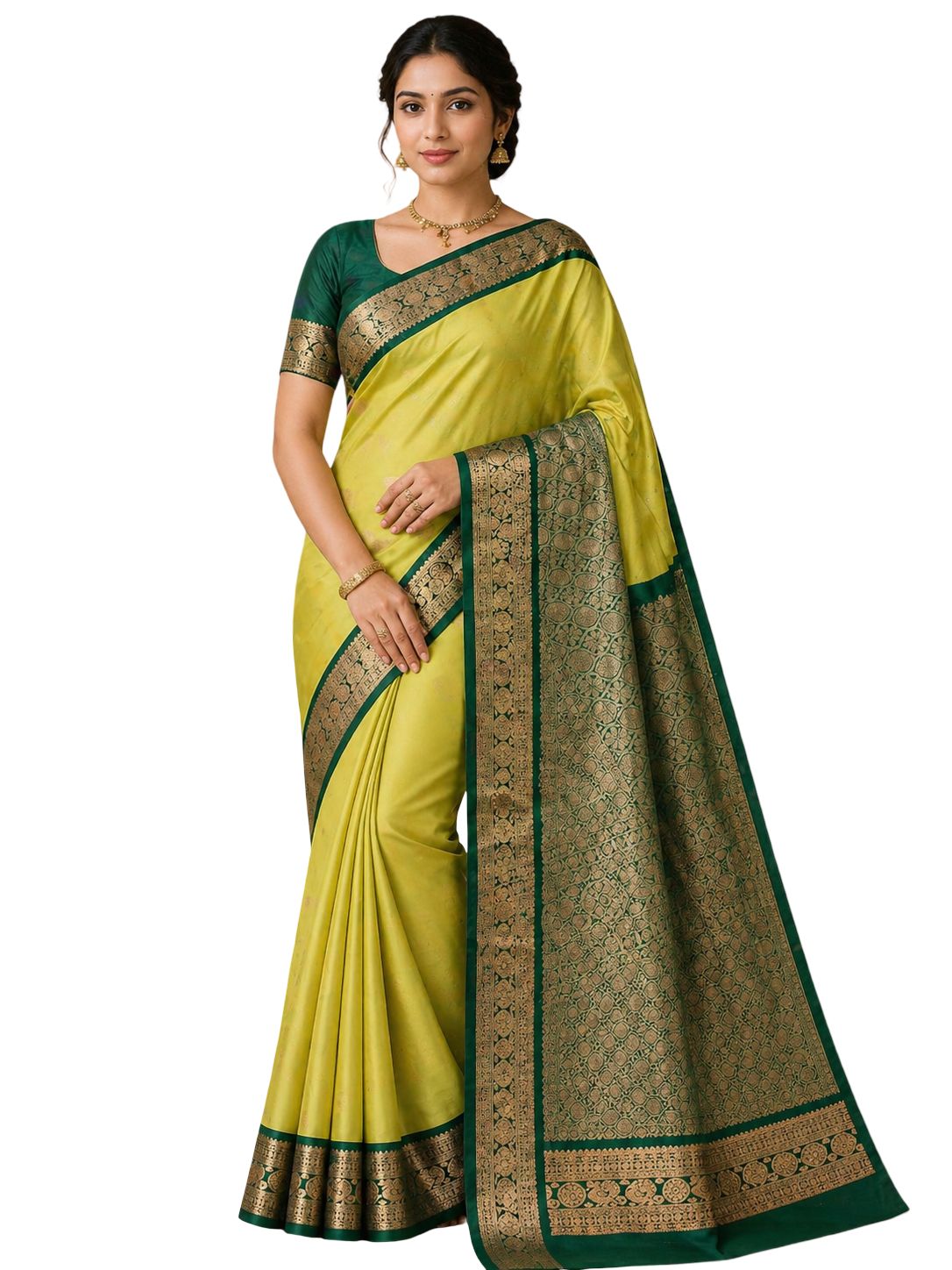 Silk Mark Certified Kanjivaram Silk Saree Lime Yellow Green Handloom Pure Silk Bridal Saree Gold Zari Border Traditional Wedding Wear - Image 1