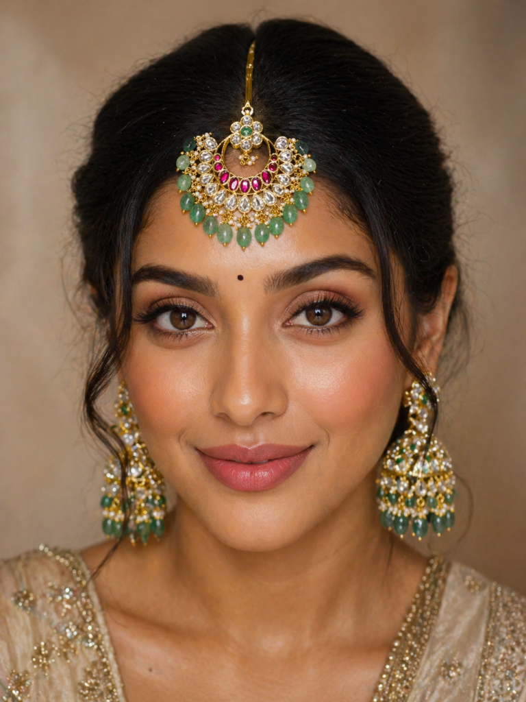 Bridal Jadau Maang Tikka with Green Beads, Kundan Polki Headpiece, Traditional Indian Wedding Matha Patti Jewelry