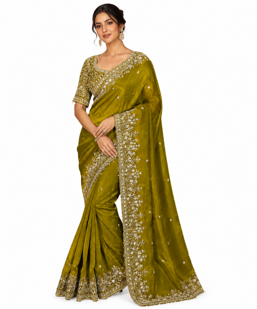 Olive Green Space Silk Saree with Heavy Embroidered Blouse, Designer Party Wear Saree, Wedding Guest Saree