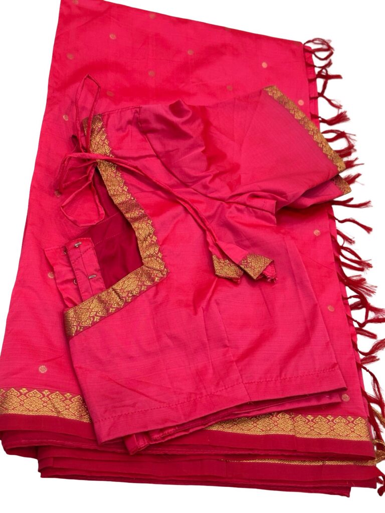 Premium Kanchipuram Silk Saree Pink Gold Zari Border Stitched Blouse Traditional Indian Wedding Saree With Falls