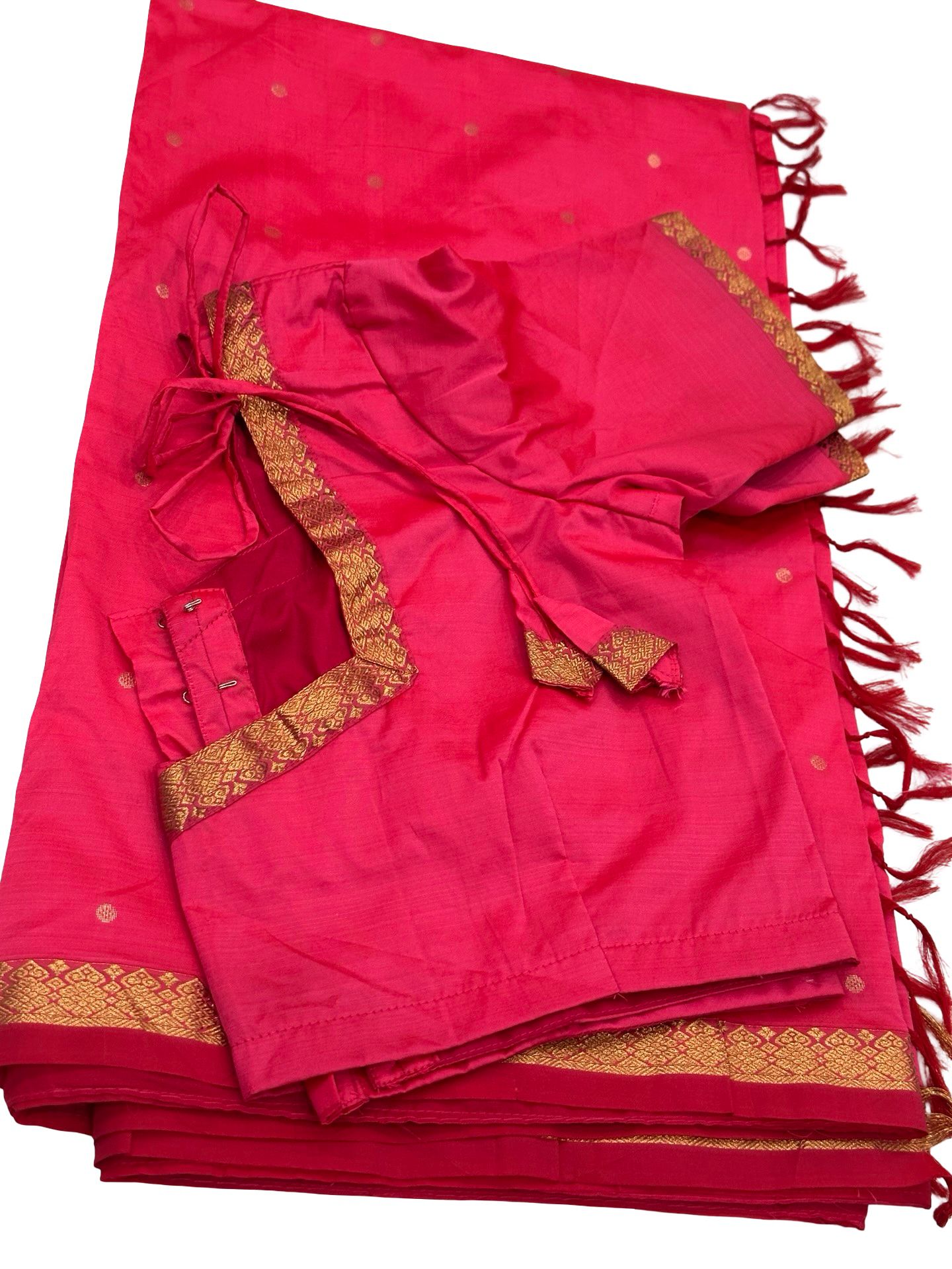 Premium Kanchipuram Silk Saree Pink Gold Zari Border Stitched Blouse Traditional Indian Wedding Saree With Falls - Image 3