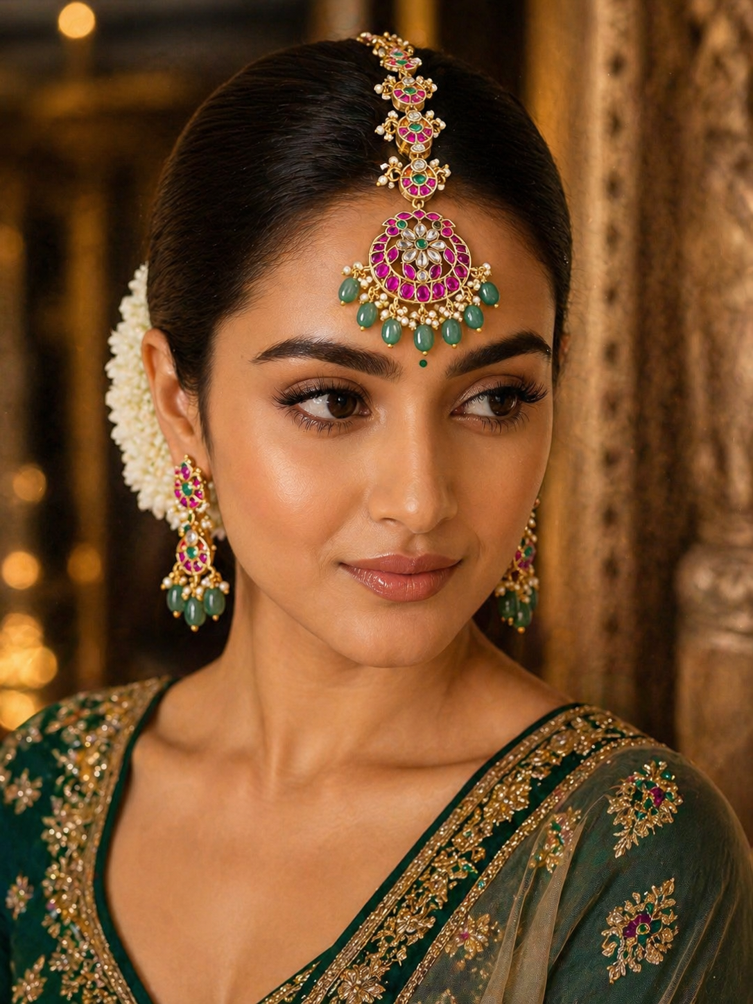 Traditional Jadau Tikka Maang Tikka Gold Plated Kundan Polki Headpiece Bridal Indian Jewelry Green Beads Ruby Pink Stones Wedding - Image 1