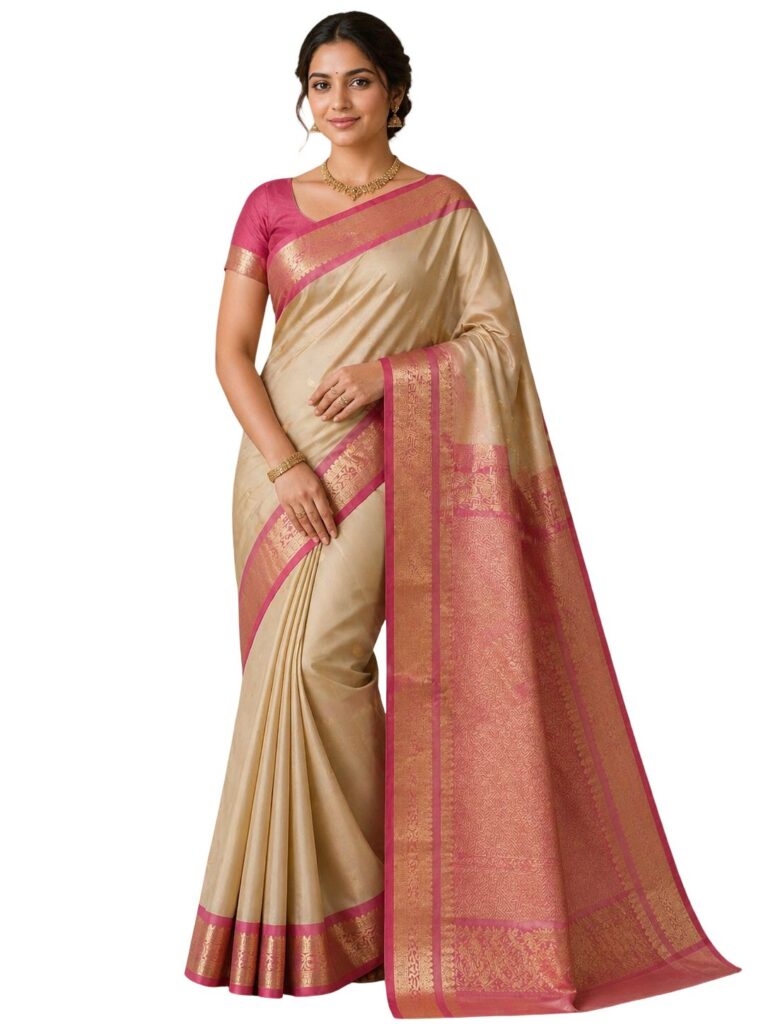 Pure Silkmark Kanjivaram Saree Beige Gold Pink Border Handloom Bridal Saree South Indian Silk Saree Wedding Party Wear Gift