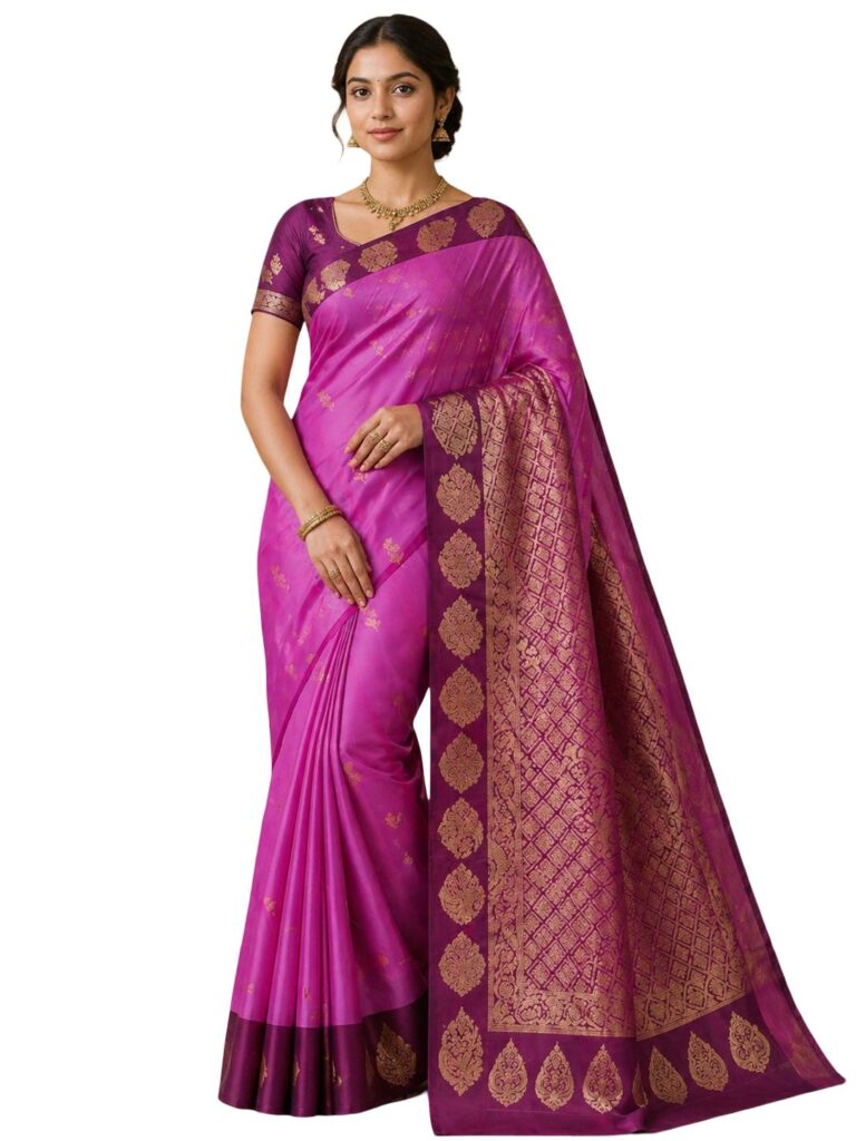 Pure Silk Kanjivaram Saree Silk Mark Certified Pink Magenta Bridal Saree Handloom Kanchipuram Zari Border Traditional Wedding Wear