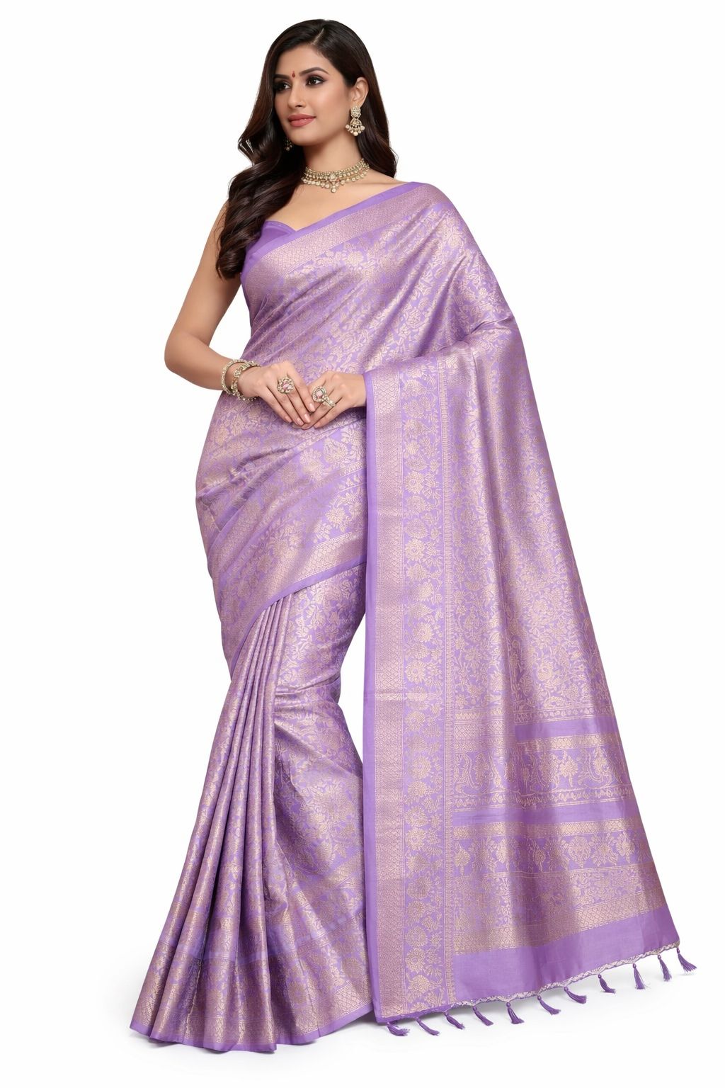 Lavender Semi Silk Saree for Women, Indian Wedding Saree, Banarasi Style Woven Saree, Traditional Party Wear Saree - Image 1