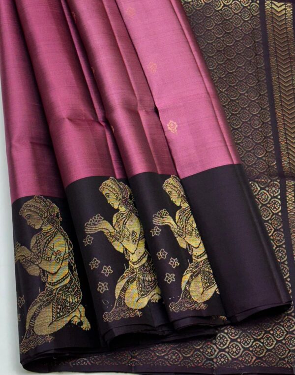 Pure Kanchipuram Silk Saree Onion Pink Coffee Brown Silk Mark Certified Traditional Bridal Saree Unstitched Blouse - Image 3