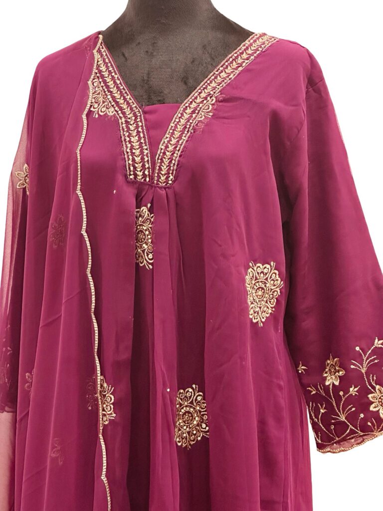 Wine Magenta Georgette Anarkali Suit Set, 3 Piece Salwar Kameez, Embroidered Party Wear Dress, Wedding Guest Outfit-Size2XL