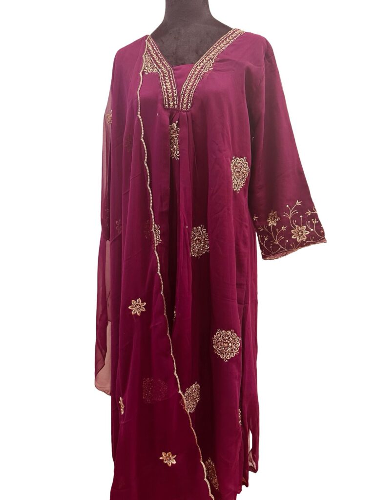 Wine Magenta Georgette Anarkali Suit Set, 3 Piece Salwar Kameez, Embroidered Party Wear Dress, Wedding Guest Outfit-Size2XL