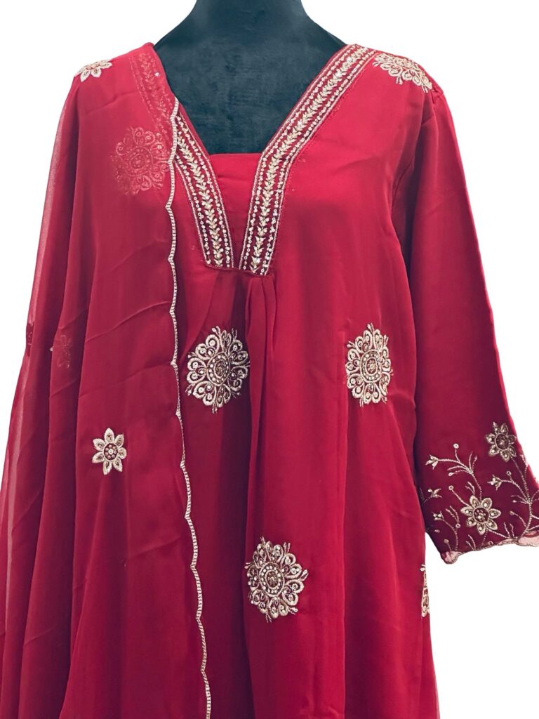 Deep Red Georgette 3 Piece Suit Set for Women, Embroidered Salwar Kameez with Dupatta, Party Wear Indian Pakistani Dress-size-2xl