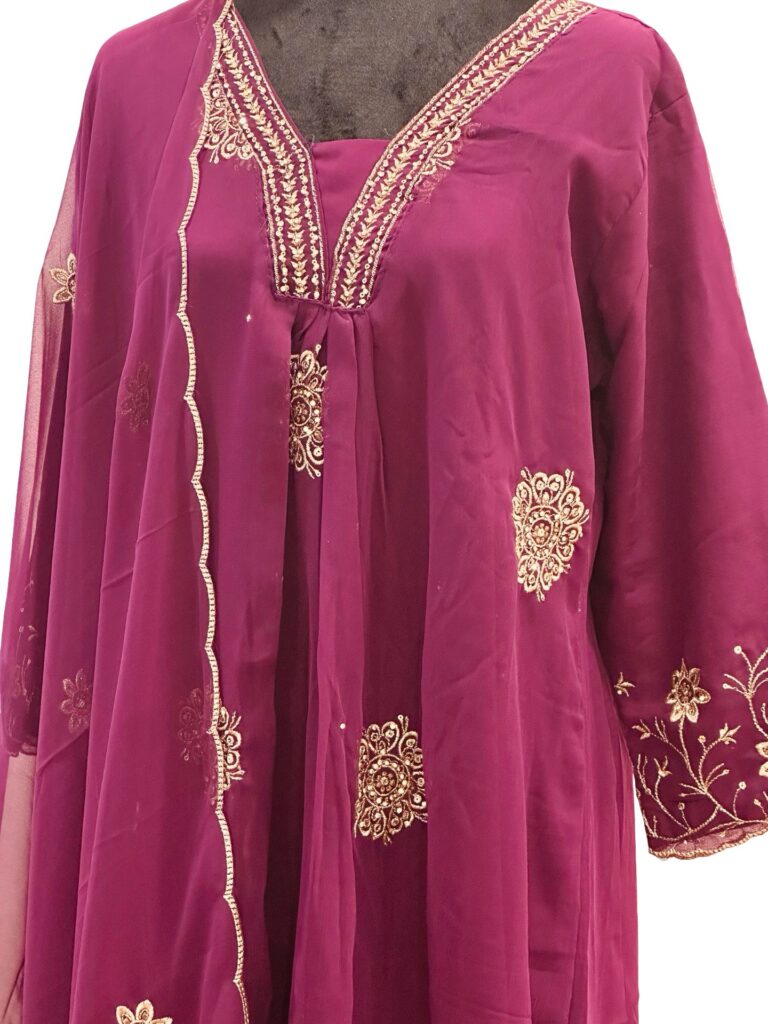 Wine Magenta Georgette Anarkali Suit Set, 3 Piece Salwar Kameez, Embroidered Party Wear Dress, Wedding Guest Outfit-Size2XL