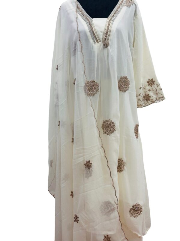 Ivory Georgette 3 Piece Salwar Suit Set | Embroidered Pakistani Style Anarkali | Wedding Party Wear Kurta Dupatta Set - Image 2