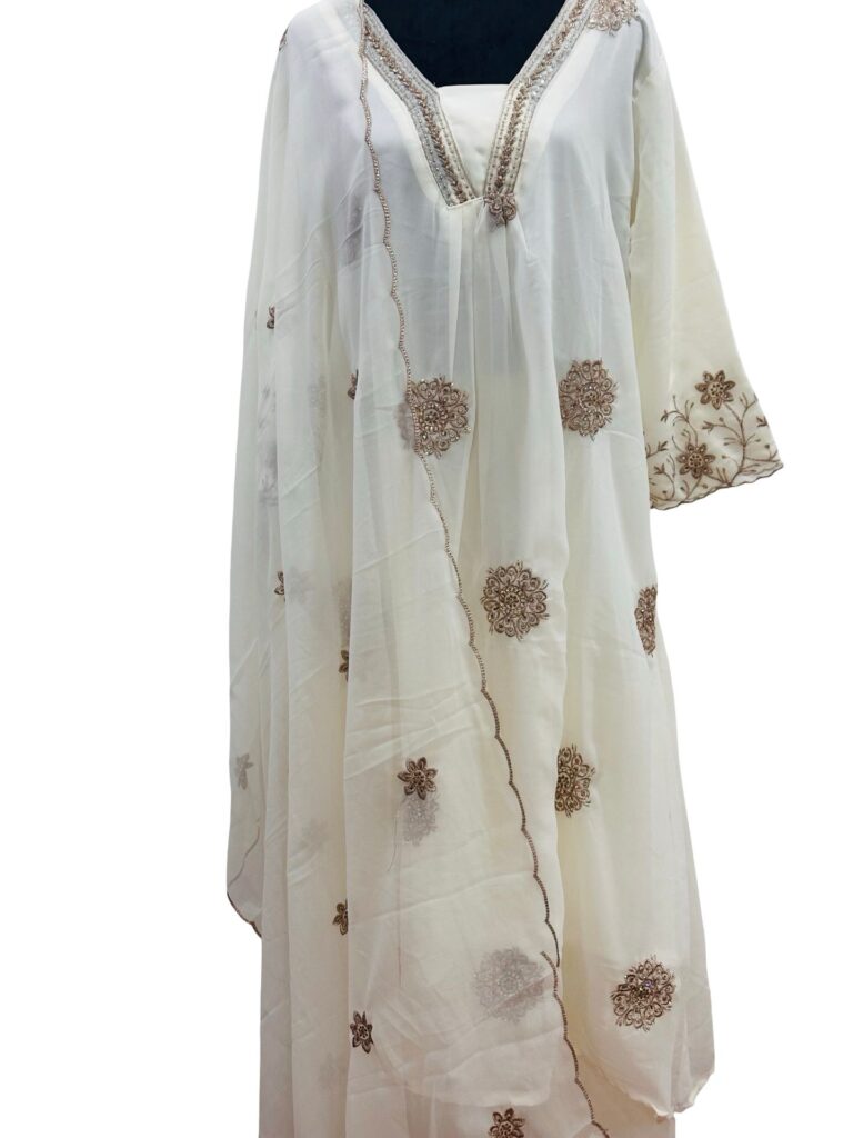 Ivory Georgette 3 Piece Salwar Suit Set | Embroidered Pakistani Style Anarkali | Wedding Party Wear Kurta Dupatta Set