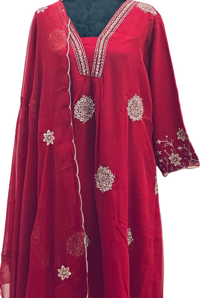 Deep Red Georgette 3 Piece Suit Set for Women, Embroidered Salwar Kameez with Dupatta, Party Wear Indian Pakistani Dress-size-2xl