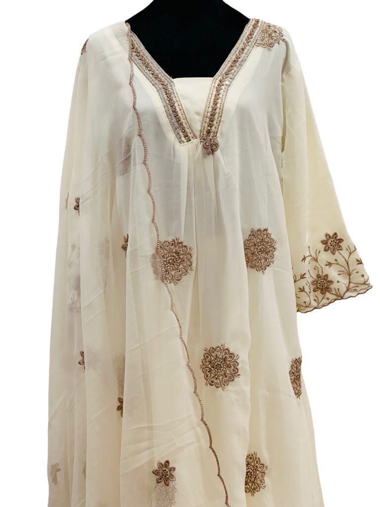 Ivory Georgette 3 Piece Salwar Suit Set | Embroidered Pakistani Style Anarkali | Wedding Party Wear Kurta Dupatta Set
