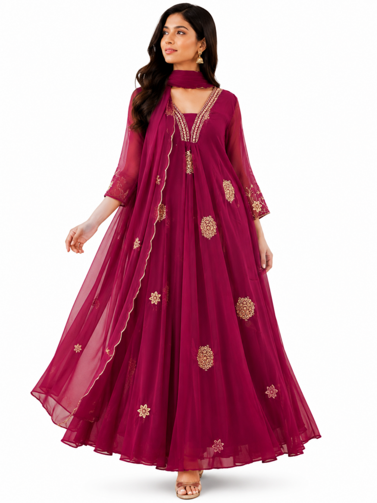 Wine Magenta Georgette Anarkali Suit Set, 3 Piece Salwar Kameez, Embroidered Party Wear Dress, Wedding Guest Outfit-Size2XL