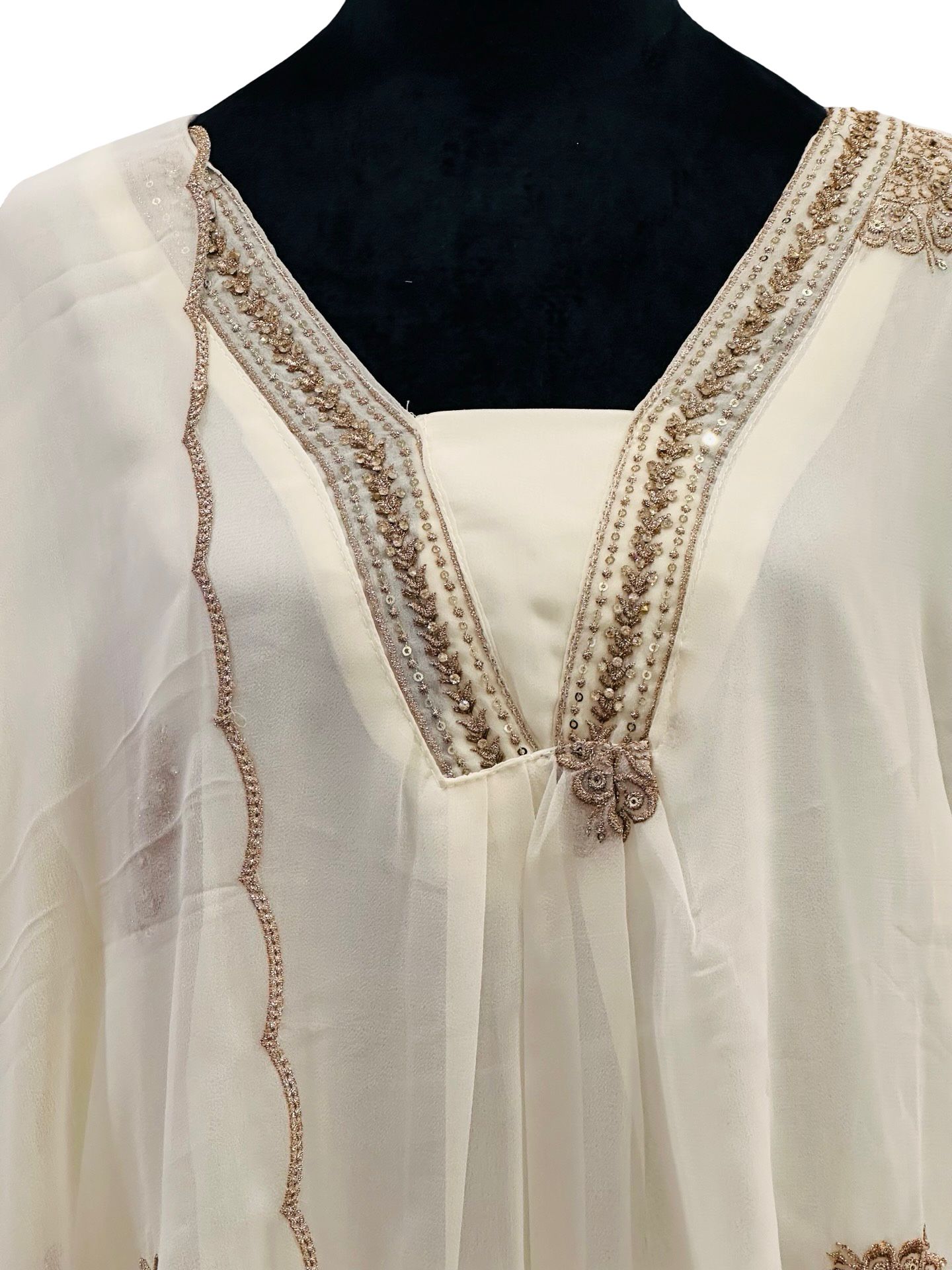 Ivory Georgette 3 Piece Salwar Suit Set | Embroidered Pakistani Style Anarkali | Wedding Party Wear Kurta Dupatta Set - Image 4