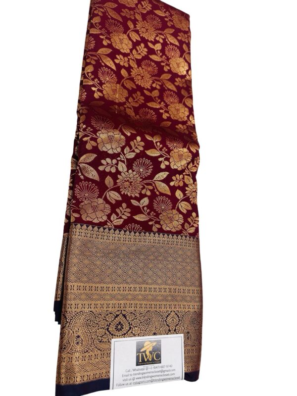Kanchipuram Semi Silk Saree Maroon Gold Zari Floral Weaving Traditional Indian Wedding Party Saree Unstitched Blouse Gift - Image 2