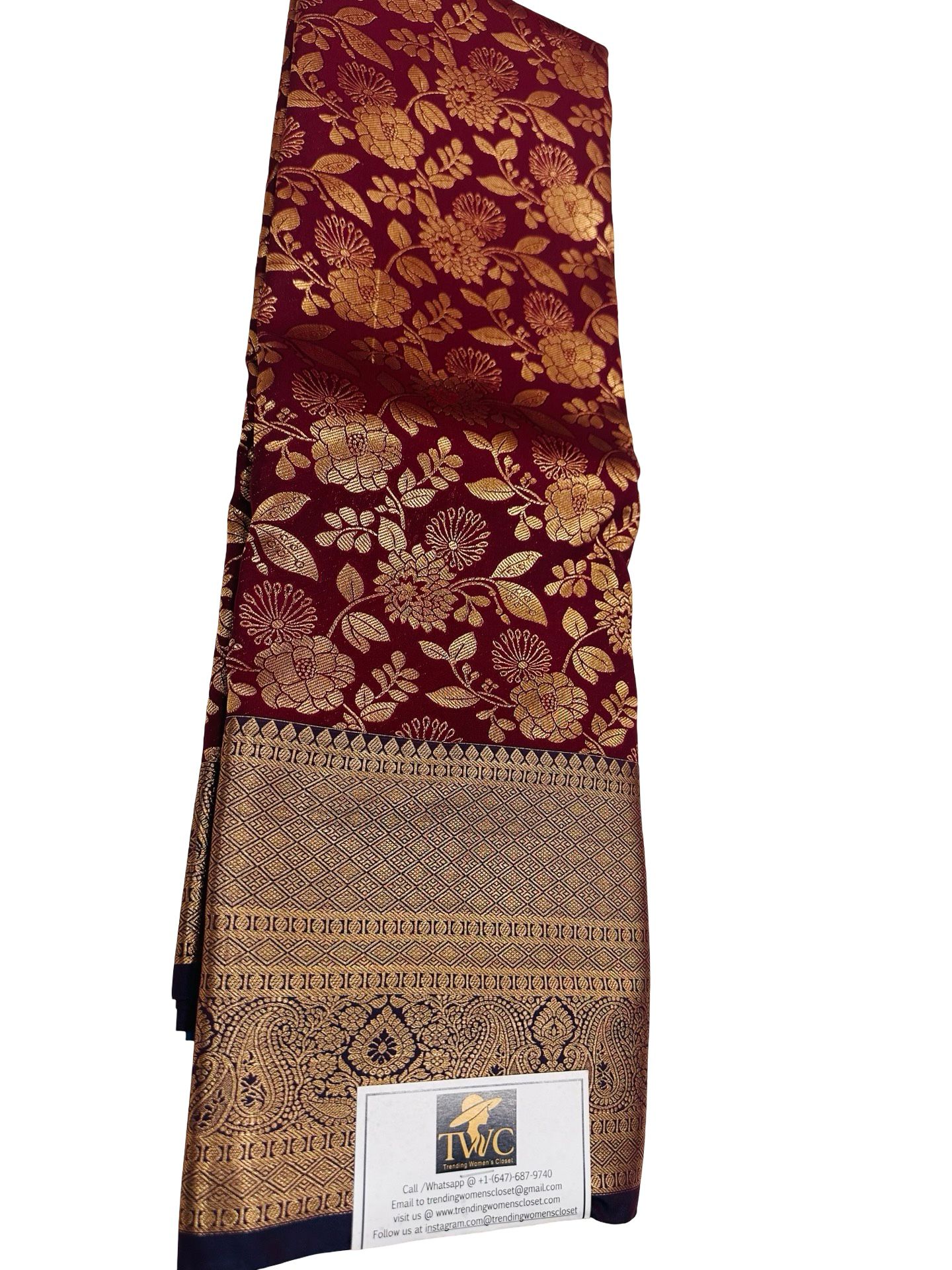 Kanchipuram Semi Silk Saree Maroon Gold Zari Floral Weaving Traditional Indian Wedding Party Saree Unstitched Blouse Gift - Image 2