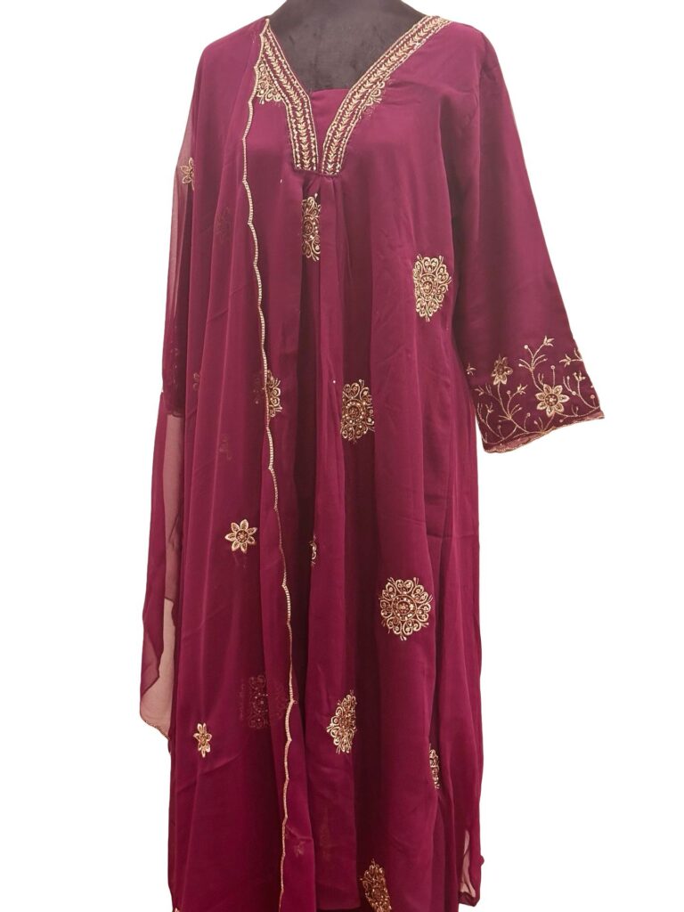 Wine Magenta Georgette Anarkali Suit Set, 3 Piece Salwar Kameez, Embroidered Party Wear Dress, Wedding Guest Outfit-Size2XL