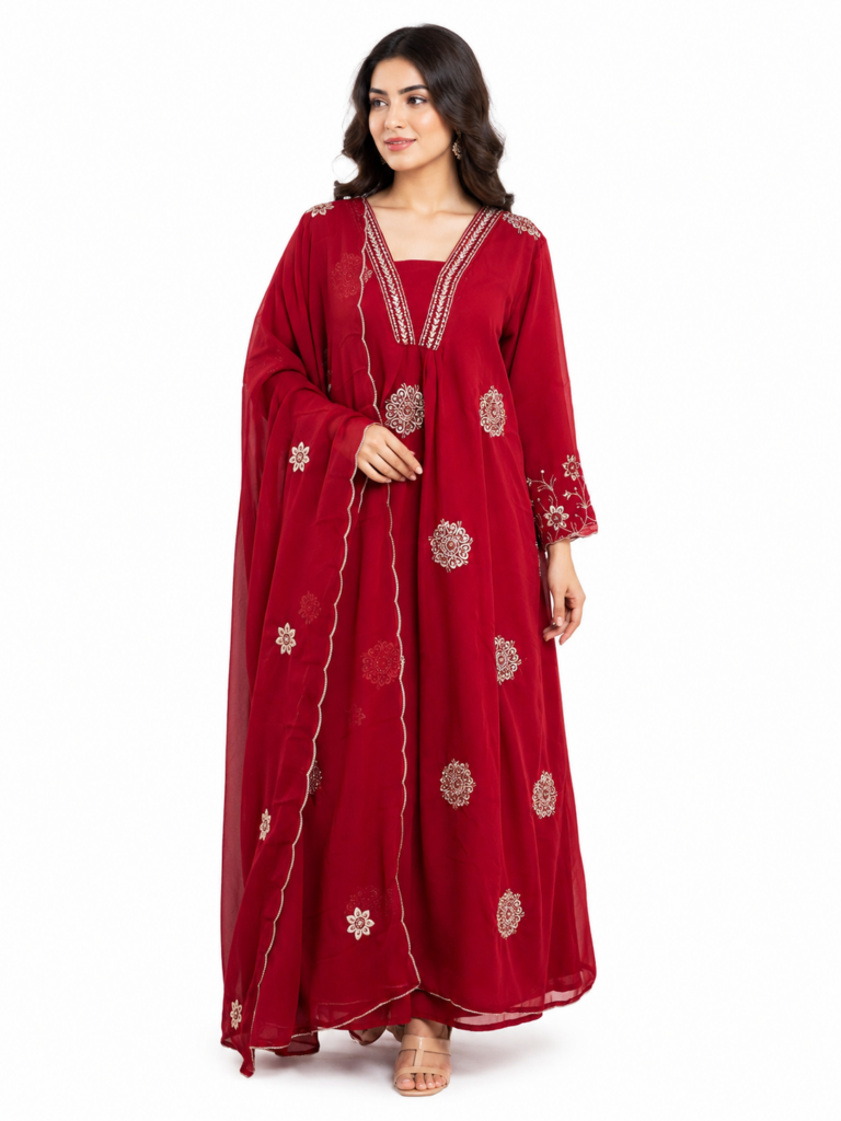 Deep Red Georgette 3 Piece Suit Set for Women, Embroidered Salwar Kameez with Dupatta, Party Wear Indian Pakistani Dress-size-2xl