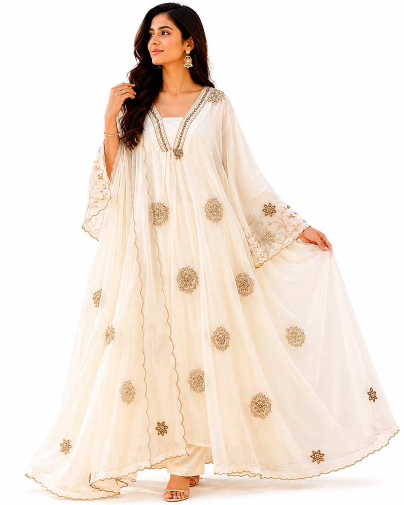 Ivory Georgette 3 Piece Salwar Suit Set | Embroidered Pakistani Style Anarkali | Wedding Party Wear Kurta Dupatta Set