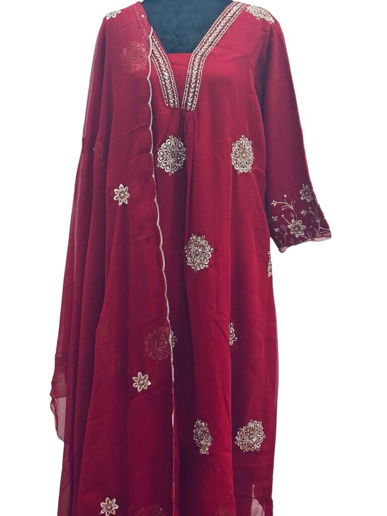 Deep Red Georgette 3 Piece Suit Set for Women, Embroidered Salwar Kameez with Dupatta, Party Wear Indian Pakistani Dress-size-2xl