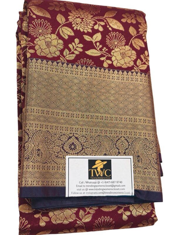 Kanchipuram Semi Silk Saree Maroon Gold Zari Floral Weaving Traditional Indian Wedding Party Saree Unstitched Blouse Gift - Image 1