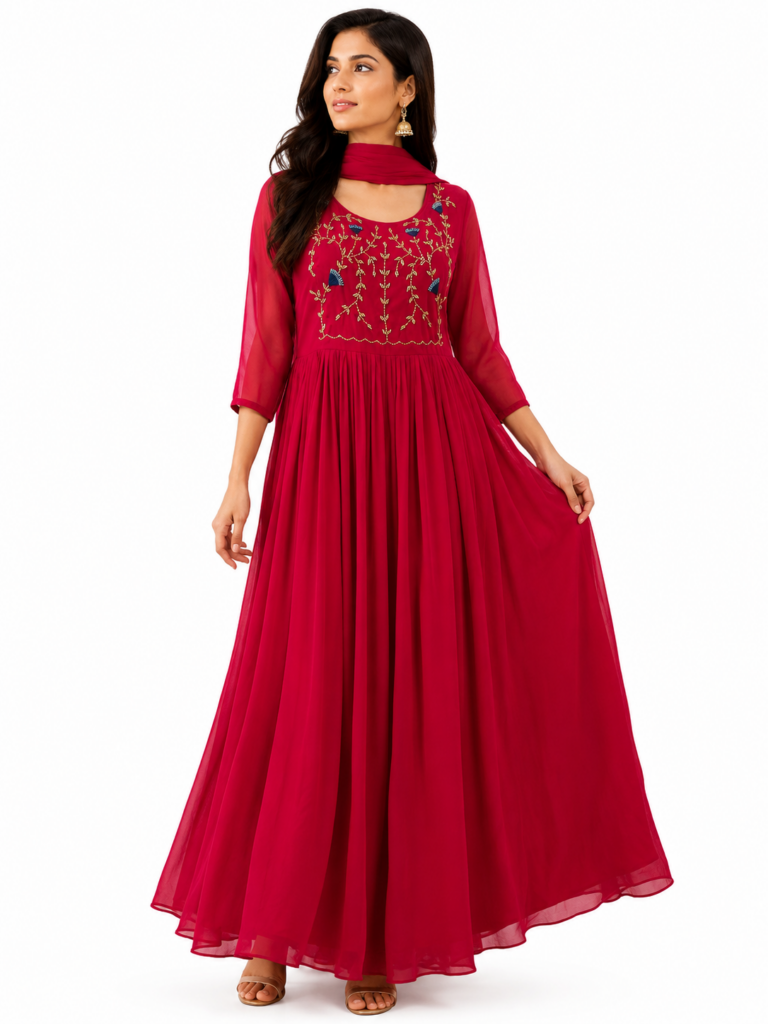Magenta Georgette Anarkali Suit Set with Dupatta, Hand Embroidered Party Wear Dress, Indian Ethnic Gown, Wedding Guest Outfit