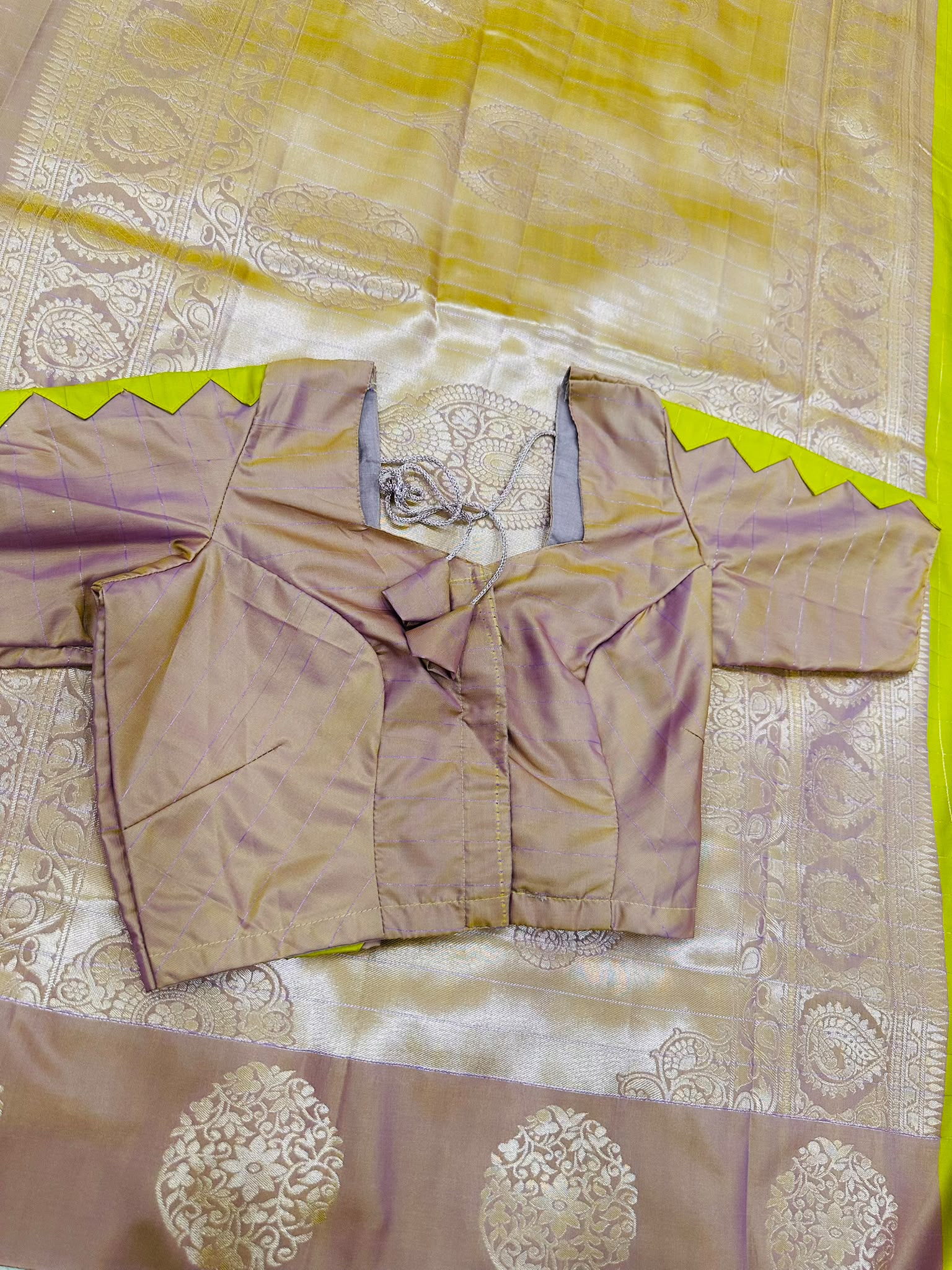 Lime Green Semi Silk Saree with Stitched Blouse, Pink Zari Pallu, Indian Wedding Saree, Ready Blouse, Festive Saree - Image 4