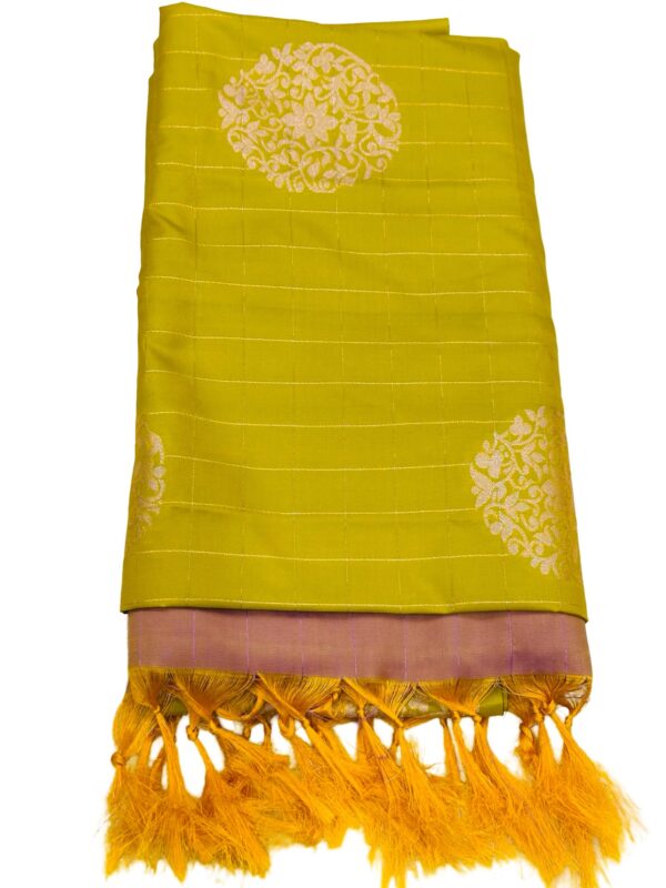 Lime Green Semi Silk Saree with Stitched Blouse, Pink Zari Pallu, Indian Wedding Saree, Ready Blouse, Festive Saree - Image 3