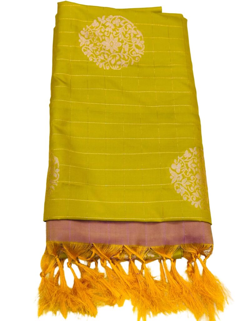 Lime Green Semi Silk Saree with Stitched Blouse, Pink Zari Pallu, Indian Wedding Saree, Ready Blouse, Festive Saree