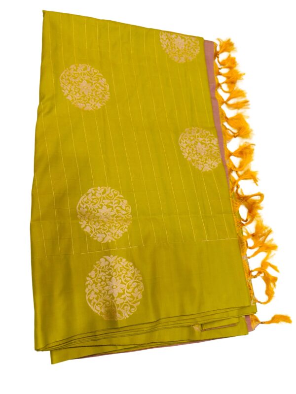 Lime Green Semi Silk Saree with Stitched Blouse, Pink Zari Pallu, Indian Wedding Saree, Ready Blouse, Festive Saree - Image 2