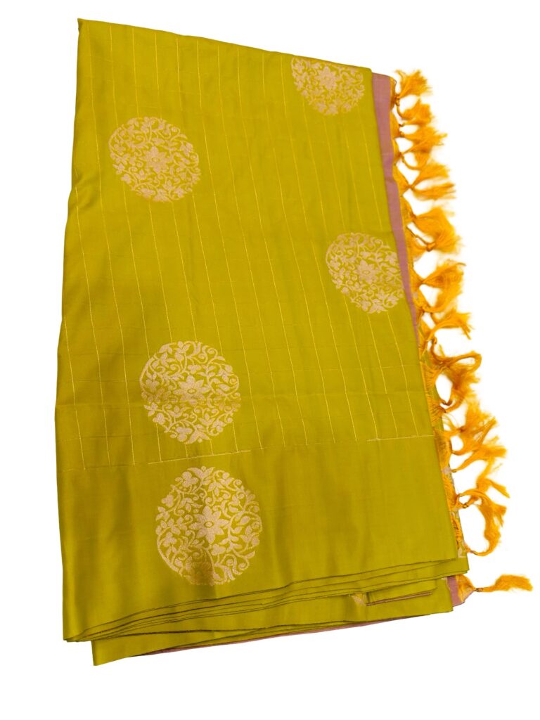 Lime Green Semi Silk Saree with Stitched Blouse, Pink Zari Pallu, Indian Wedding Saree, Ready Blouse, Festive Saree