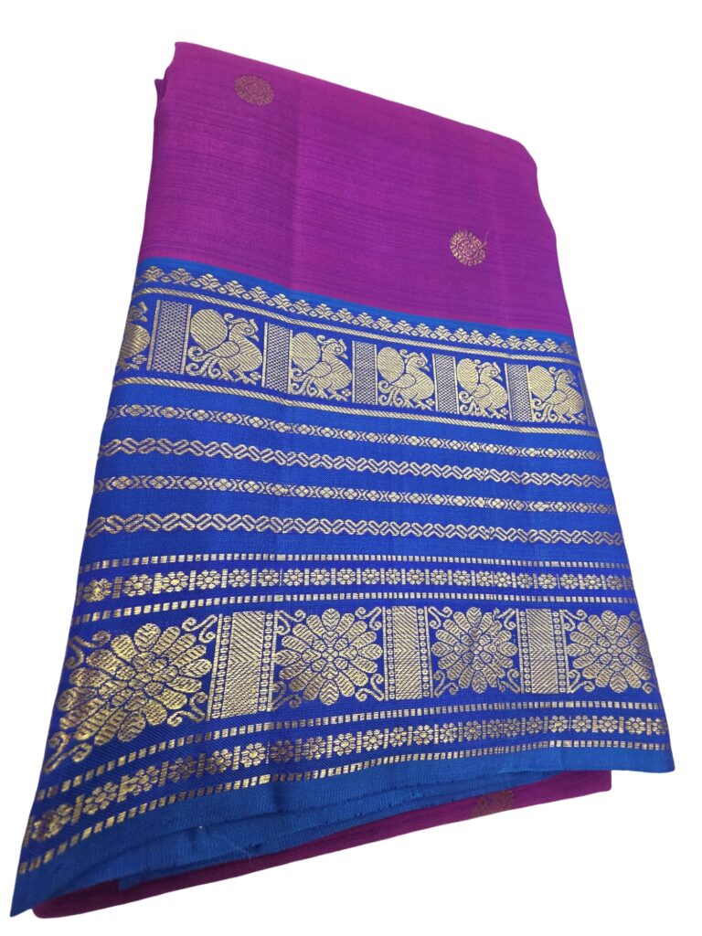 Kanchipuram Handloom pure Silk Saree Purple Blue Gold Zari Peacock Border Indian Wedding